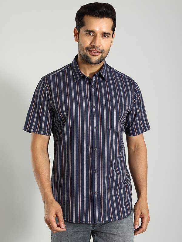 Indian Terrain Men's Regular Fit Half Sleeve Striped Navy Shirt